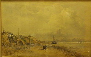 E Beattie, watercolour "Estuary at Low Tide with Fishing Boats and Figures Walking" signed and dated 1878, 11" x 17"