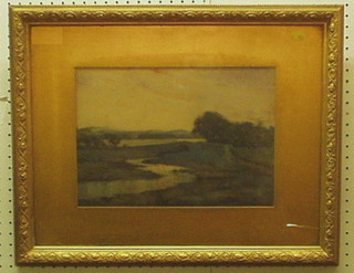 Alex C Fraser, watercolour "Moorland Scene with Hills in the Distance and Stream" 9" x 13" in a gilt frame