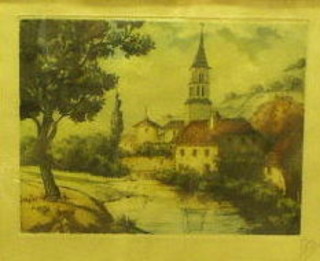 A 19th Century Continental coloured print "Church by a Stream" 7" x 8" and 1 other  "Archway" 9" x 6"