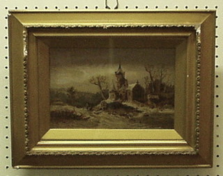 P? Reid, Continental oil painting on canvas "Church" 6" x 8"