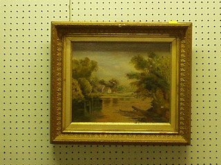 A 19th Century oil painting on canvas "Cow Watering by Buildings" 10" x 12"