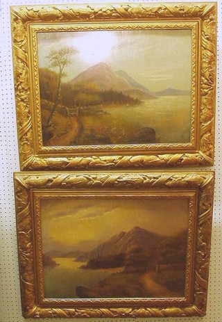 J Goard, a pair of 19th Century oil paintings on board "The Highlands with Lochs" 17" x 23" 1 signed and dated, 1 monogrammed, contained in gilt acorn decorated frames