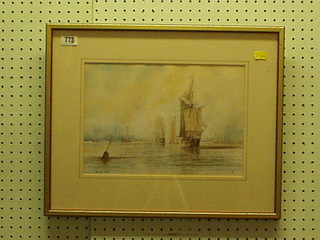 S J Aldridge?, watercolour drawing "The Tyne, Study of Ships" 9" x 13" monogrammed