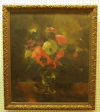 A Dresdier, impressionist oil  painting on canvas, still life, "Vase of Flowers" 25" x 21"