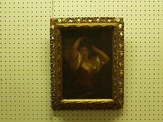19th Century oil painting on canvas "Girl Tying Her Hair" 12" x 8" indistinctly signed