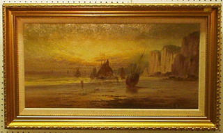 S Y Jonson, oil on canvas "Sea Scape at Low Tide with Beached Fishing Boats and Cliffs" signed, 12" x 23"