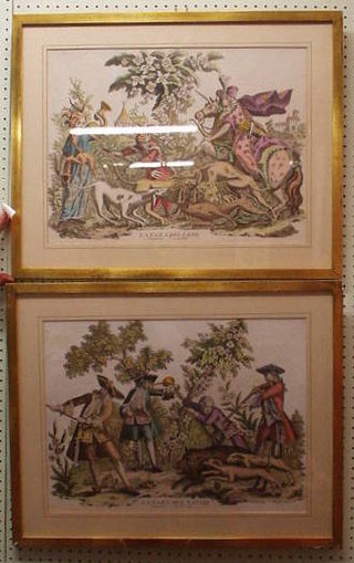 A pair of 18th/19th Century Continental coloured hunting prints "La Caza Del Leon and La Caza Del Xavali" 15" x 19"