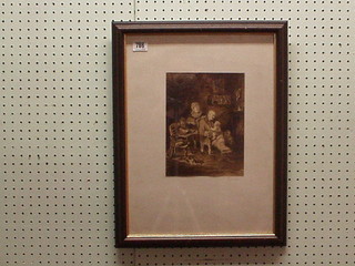 A signed 19th Century monochrome print "Kitcehn Interior with Gentleman and Child" 9" x 7"