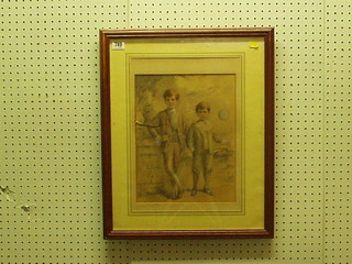 Watercolour, "Two Young Boys in 18th Century Costume" 13" x 10" (slight tear)