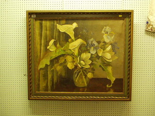 W Heeler, oil painting on canvas "Vase of Flowers" 24" x 30" the reverse with Medici Society label no. 4836