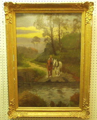 Oil painting on board "Figures Driving Two Cart Horses Across a Ford" 25" x 17"