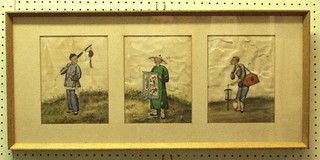 3 Oriental drawings on rice paper "Merchants" 8" x 6" (some deterioration)