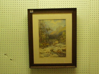 19th/20th Century watercolour drawing "Mountain Torrent" indistinctly signed 15" x 10"