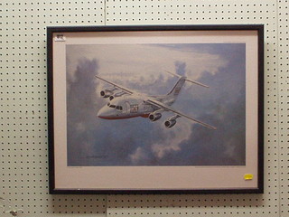 A coloured print after Michael Rondot "G-Tnta British Aerospace 146QT Aircraft in Flight" 14" x 21"