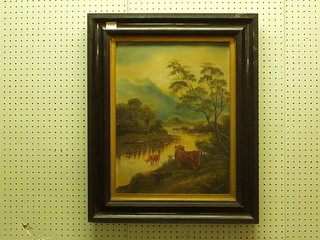 A 19th Century oil painting on board "Highland Cattle Watering at a River at the Foot of a Mountain" 19" x 15"