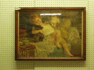 A 19th Century Pears coloured print of a child with puppy and kitten 18" x 24"