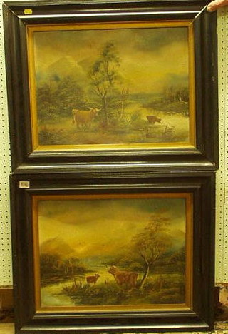 A pair of 19th Century oil paintings on board "Highland Cattle Watering" 14" x 19"