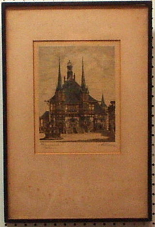 A coloured etching "Continental Building" 8" x 6"