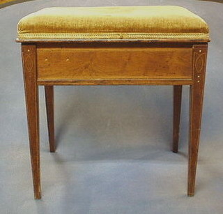 A Victorian inlaid rosewood piano stool with hinged lid on square tapering supports 19"