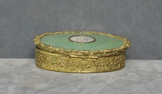 A 19th/20th Century Continental gilt oval box, the lid inset shagreen and a portrait miniature to the centre 5" oval