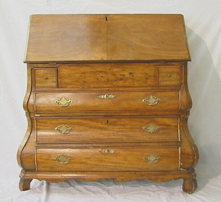 An 18th Century French walnutwood bureau with fall front, having a stepped interior, above 2 short and 3 long drawers 40"