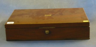 A 19th Century rectangular mahogany box with hinged lid, feather banding to the top and with brass drop handles 16"