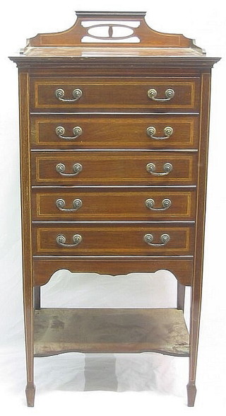 An Edwardian inlaid mahogany music chest with pierced three-quarter gallery fitted 5 long drawers with undertier, raised on spade bracket feet 21"