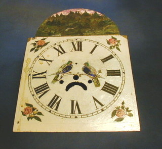 An 18th century arch shaped painted clock dial with 2 winding holes, hole for minute indicator and calendar aperture, 12"