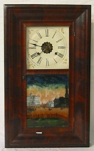 An American 30 hour striking wall clock with square painted dial and Roman numerals, contained in a walnutwood case with glass panel to the front painted a town scene