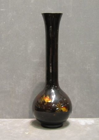 An Oriental lacquered specimen vase decorated fish 12"