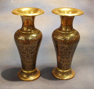 A pair of benares brass vases 13"  and a circular benares brass jar and cover 9"