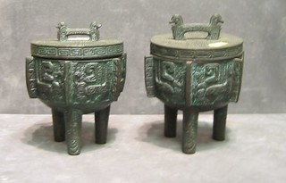 2 Taiwanese circular bronze jars and cover containing ashtrays 6"