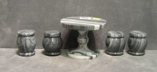 An Oriental grey veined marble miniature circular pedestal table 5" and 4 drum stools