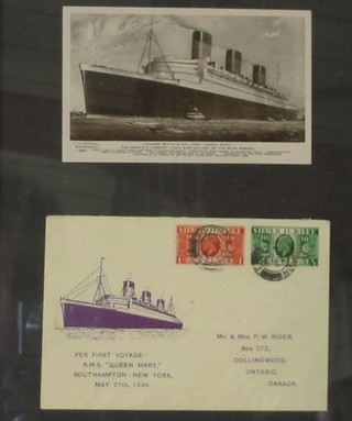 A black and white postcard of RMS Queen Mary and a pre-first voyage first day cover, framed