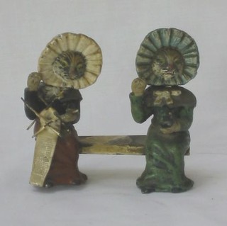 2 metal figures of nodding cats knitting, 3"