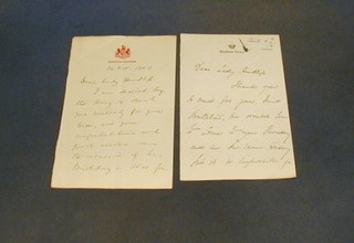 An Edwardian letter from Sandringham to Lady Audley? dated 14th November 1902 from First Baron? together with a letter from Blenheim Palace dated April 6th '96