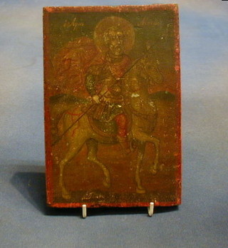 A 19th Century Orthodox double sided Icon on wooden panel, 1 side decorated "St George" the other a cross and with script 8" x 5"