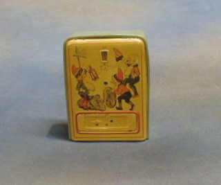 A metal tin plate money box and 36 pennies