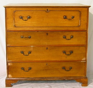 A 19th Century camphor wood secretaire chest with well fitted drawer above 3 long drawers with brass swan neck drop handles and carrying handles to the side, raised on bracket feet 43"