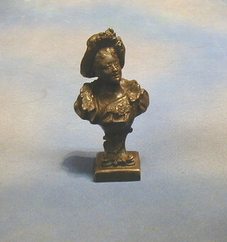 A reproduction bronze head and shoulders portrait bust of  a bonnetted lady 9"