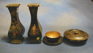 A pair of waisted wooden club shaped vases with marquetry decoration 9" (1 f), a do. circular powder bowl, various lacquered cups and saucers