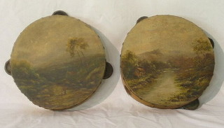 2 tambourines, the skins painted landscapes 8"