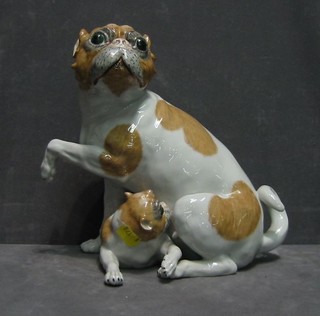 A Dresden porcelain figure of 2 seated pugs, the base impressed H6422T 10"