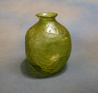 A green pinched crackle glazed glass vase of globular form, 7" (some chips to neck)