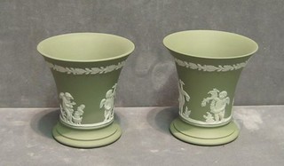 A pair of green Wedgwood jasperware trumpet shaped vases base marked 73, 3"
