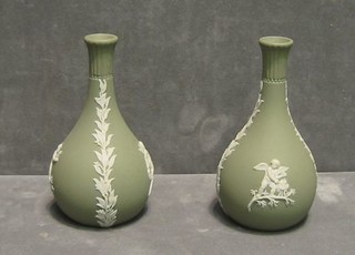 A pair of green Wedgwood jasperware specimen vases, base marked 70 and impressed MR, 6"