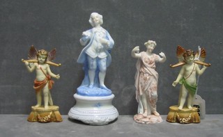 2 porcelain figures of cherubs 5", do. standing lady 5" and  do. standing gentleman (f and r) 6"