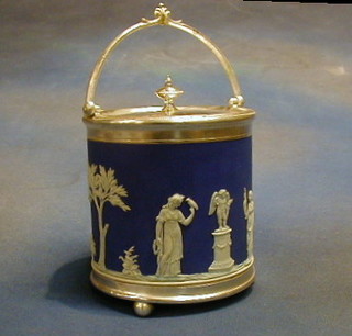 A Wedgwood blue Jasperware biscuit barrel with silver plated lid, the base impressed Wedgwood England