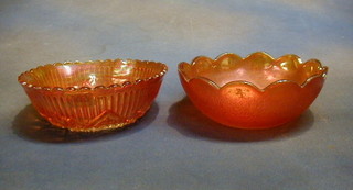 2 orange Carnival glass dishes 8"