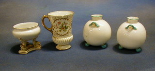 A 19th Century Continental biscuit porcelain salt supported by 3 dolphins, 2 Worcester twin handled vases (f) and a Coalport cabinet cup (cracked and chipped)